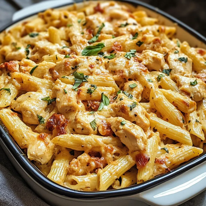 A dish of chicken and pasta.