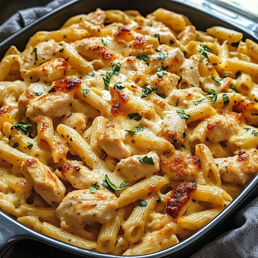 A delicious chicken and pasta dish.