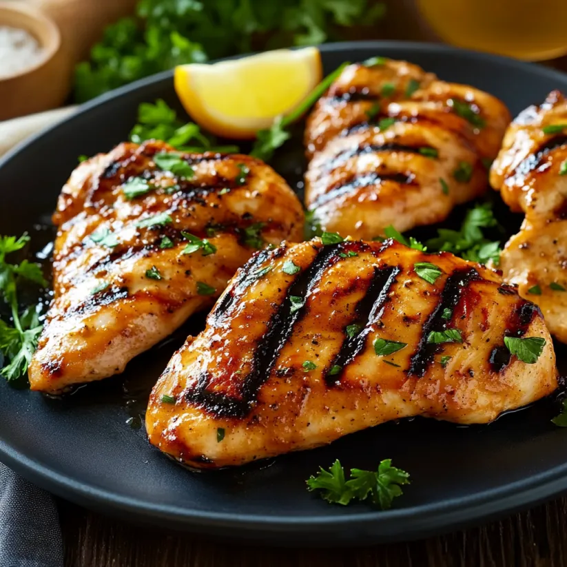 A plate of grilled chicken with lemon wedges on top.