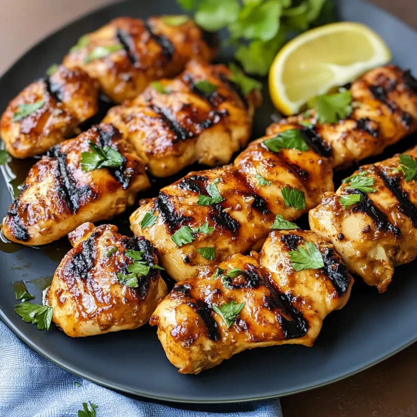 A plate of chicken with a lemon wedge on it.