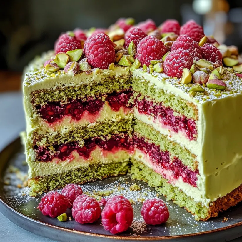 A slice of pistachio raspberry cake.