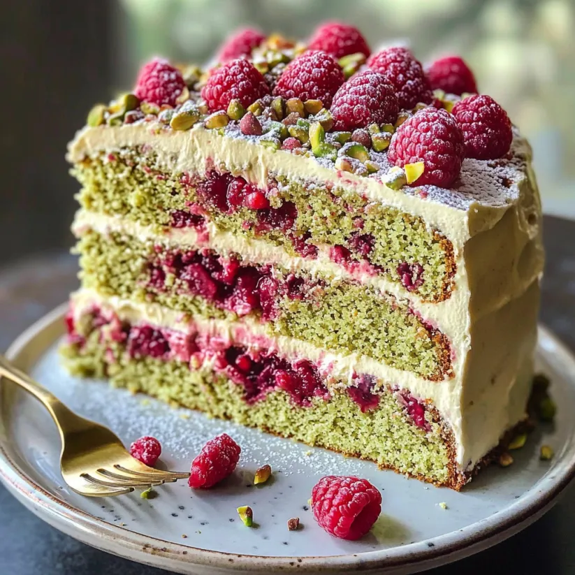 A slice of pistachio raspberry cake.
