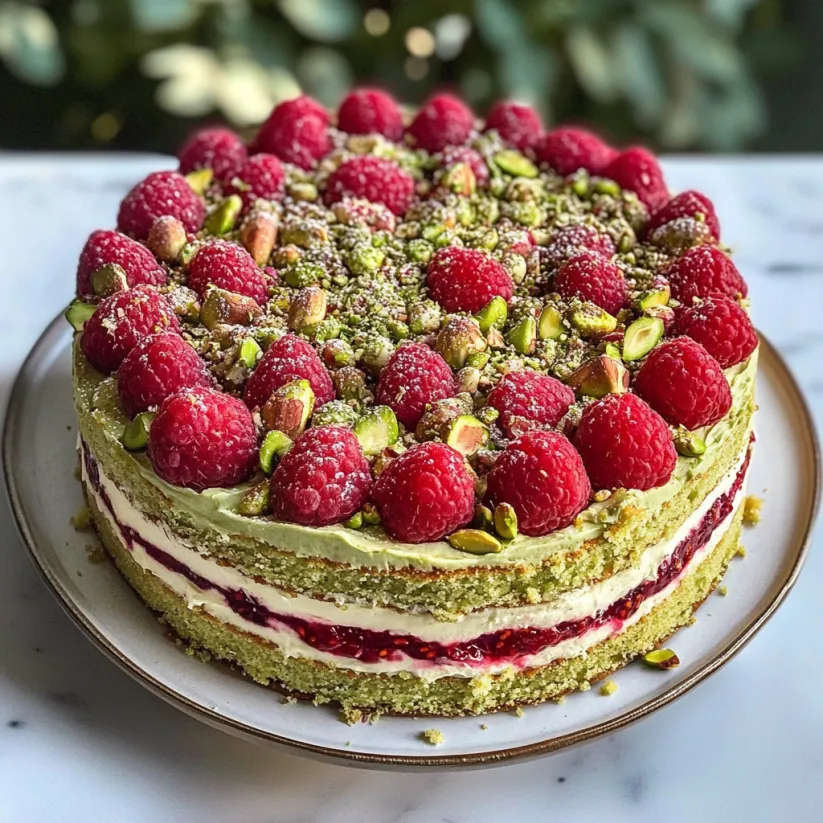A slice of pistachio raspberry cake.