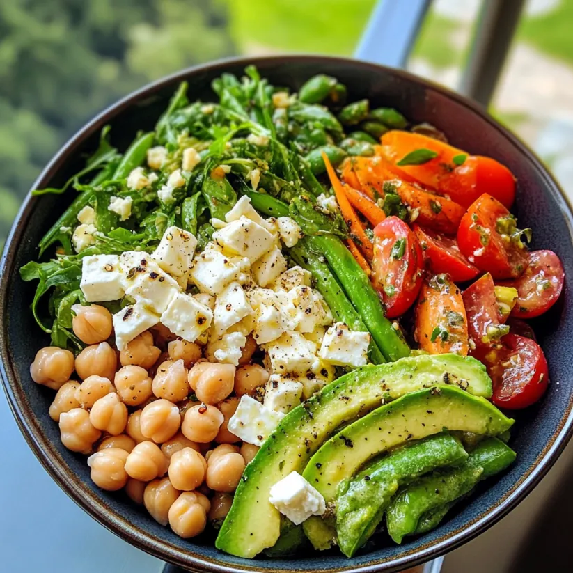 A bowl of food with a variety of vegetables and feta cheese.