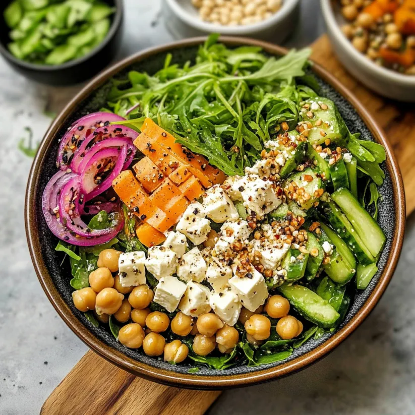 A bowl of salad with chickpeas, feta cheese, and spring vegetables.