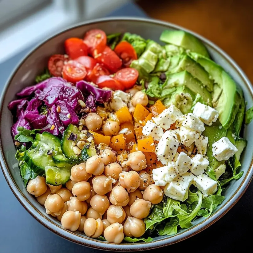 A bowl of marinated chickpea and feta salad with spring veggies.