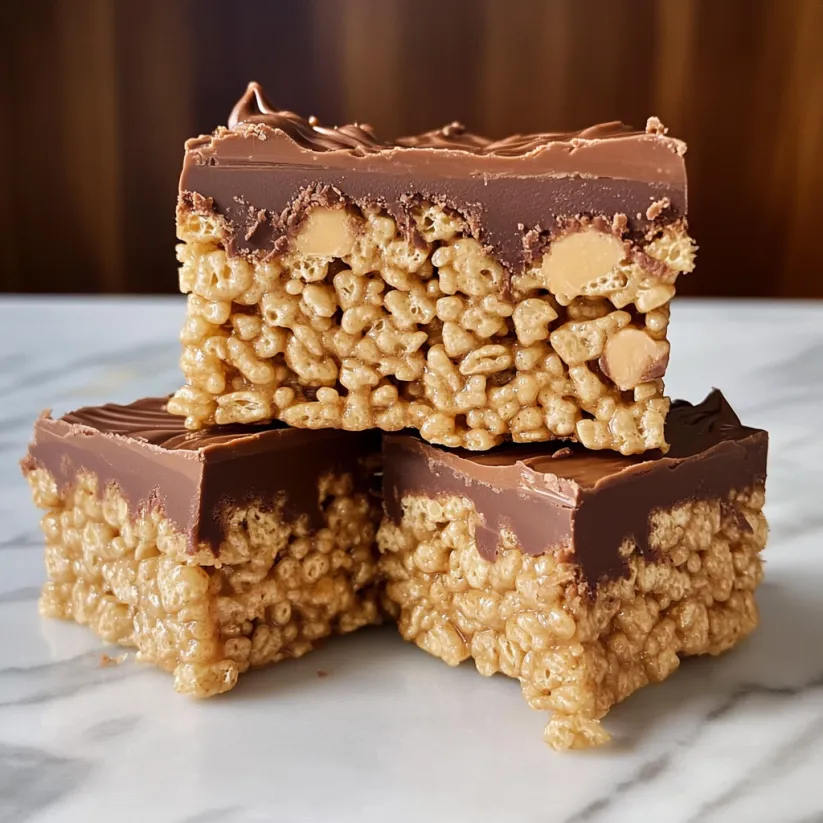 A close up of a peanut butter cup rice krispies treat.
