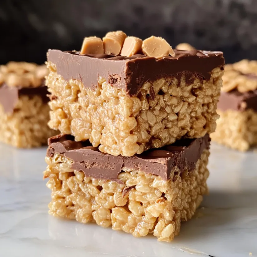 A stack of rice krispies treats with peanut butter and chocolate.