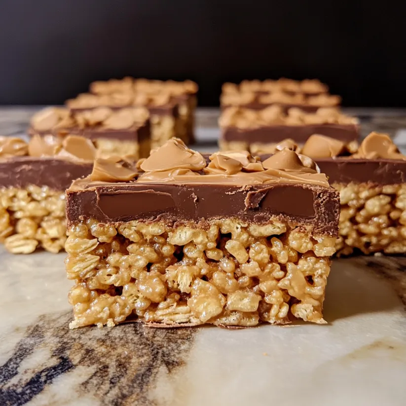 A close up of a peanut butter cup rice krispies treat.