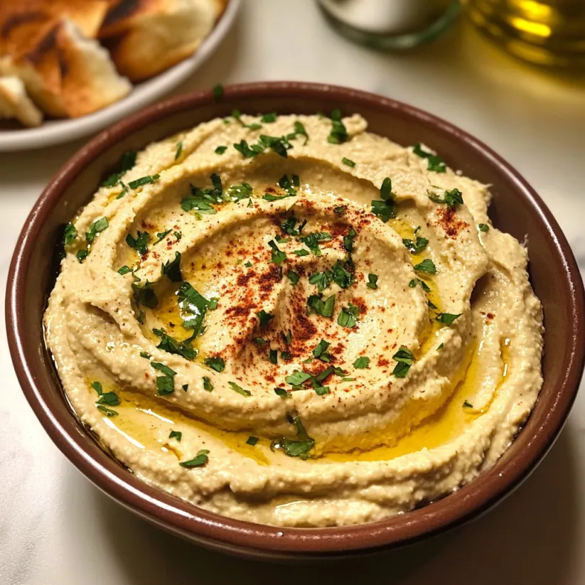 A bowl of hummus with red peppers and green herbs.