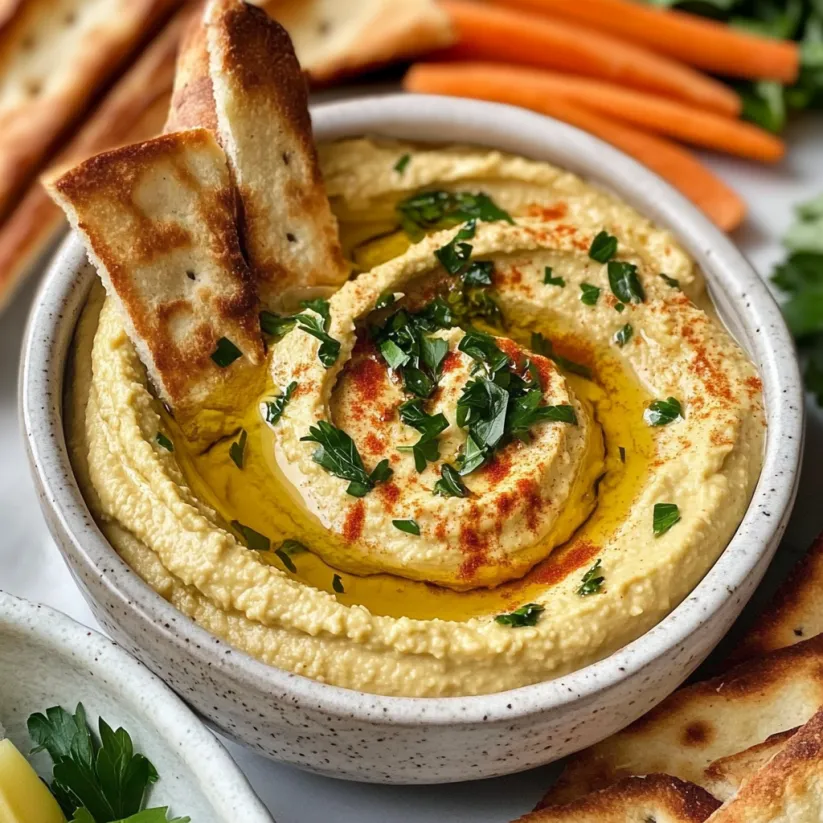 A bowl of hummus with a spoon in it.