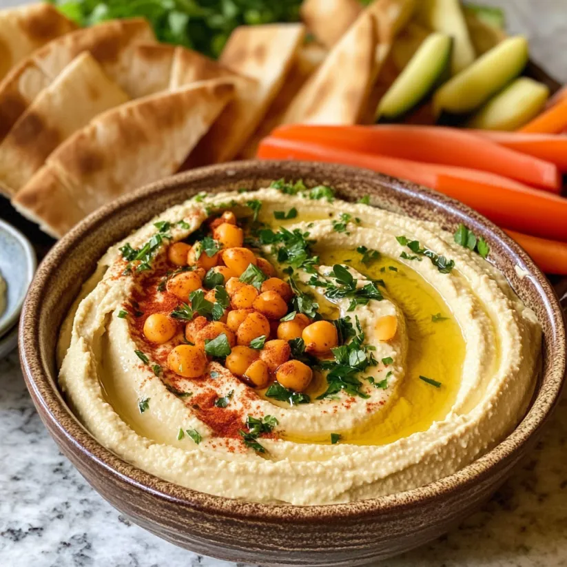 A bowl of hummus with carrots and cucumbers.