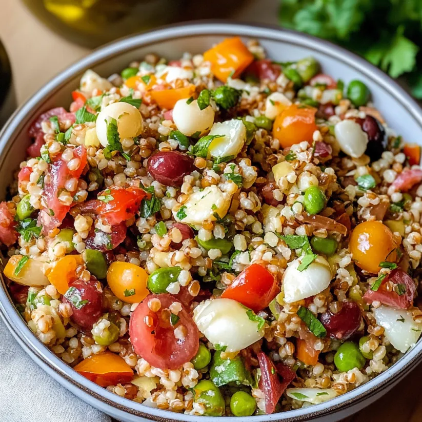 A bowl of mixed vegetables and grains.