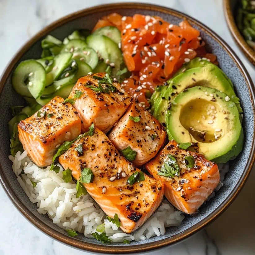 A bowl of salmon, rice, and vegetables.
