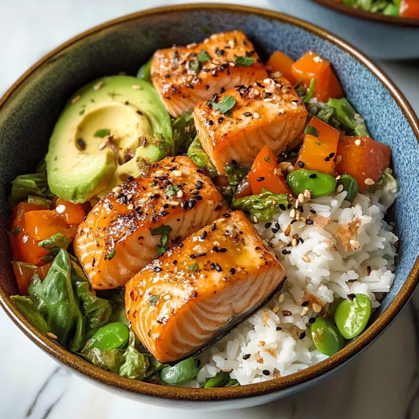 A bowl of salmon with rice and vegetables.