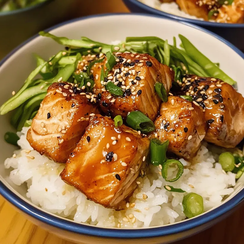 A bowl of salmon with rice and green onions.