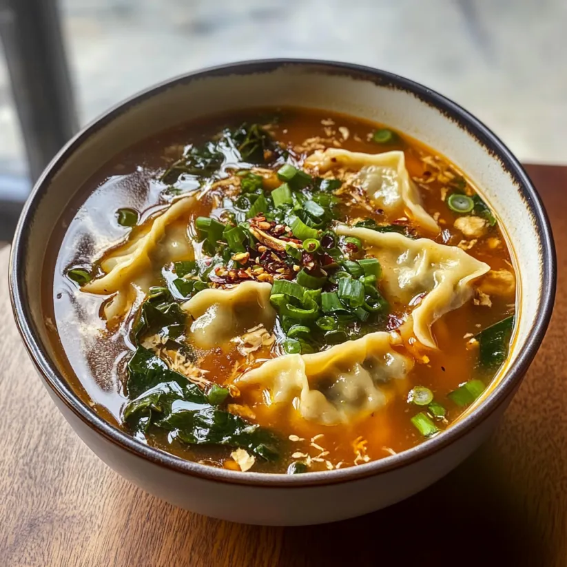A bowl of soup with dumplings and greens.