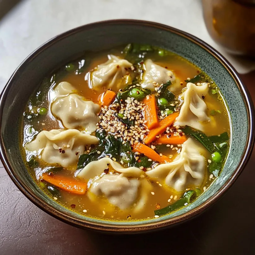 A bowl of soup with dumplings and vegetables.