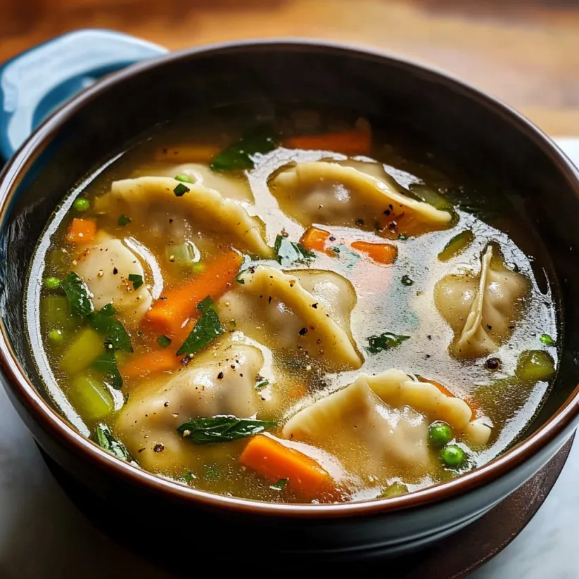 A bowl of soup with dumplings and vegetables.