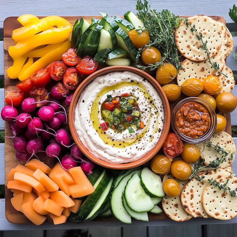 A variety of vegetables and dip on a wooden board.