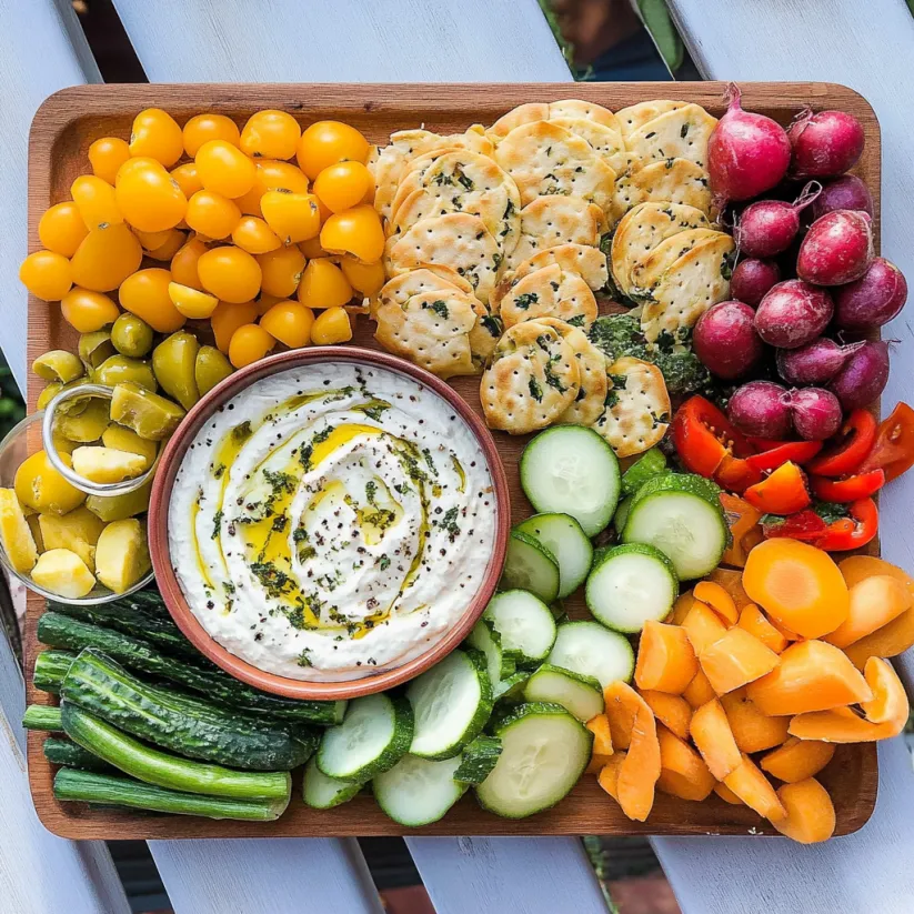 A wooden board with a variety of vegetables and dip.