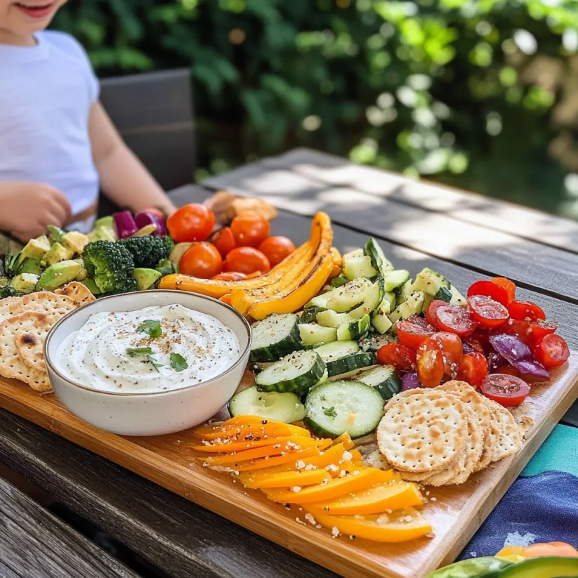 A wooden cutting board with a variety of vegetables and dip.