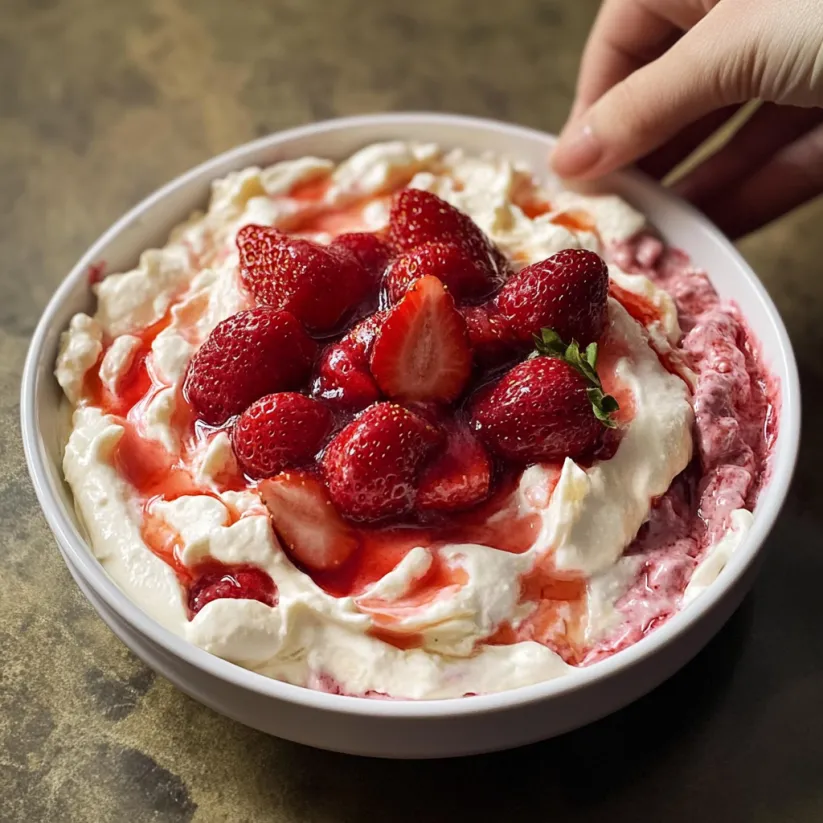 A person is holding a bowl of strawberry cheesecake dip.