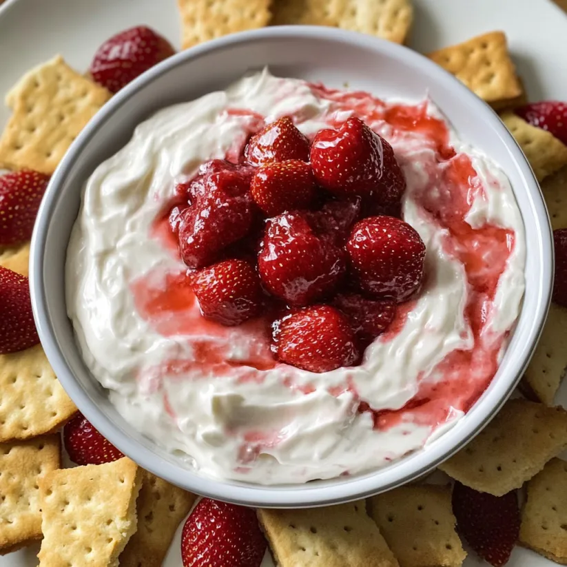 A bowl of strawberry cheesecake dip with crackers.