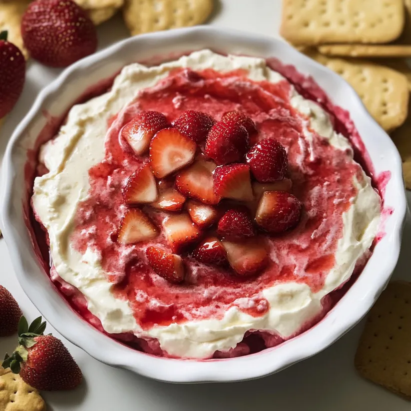 A bowl of strawberry cheesecake dip.