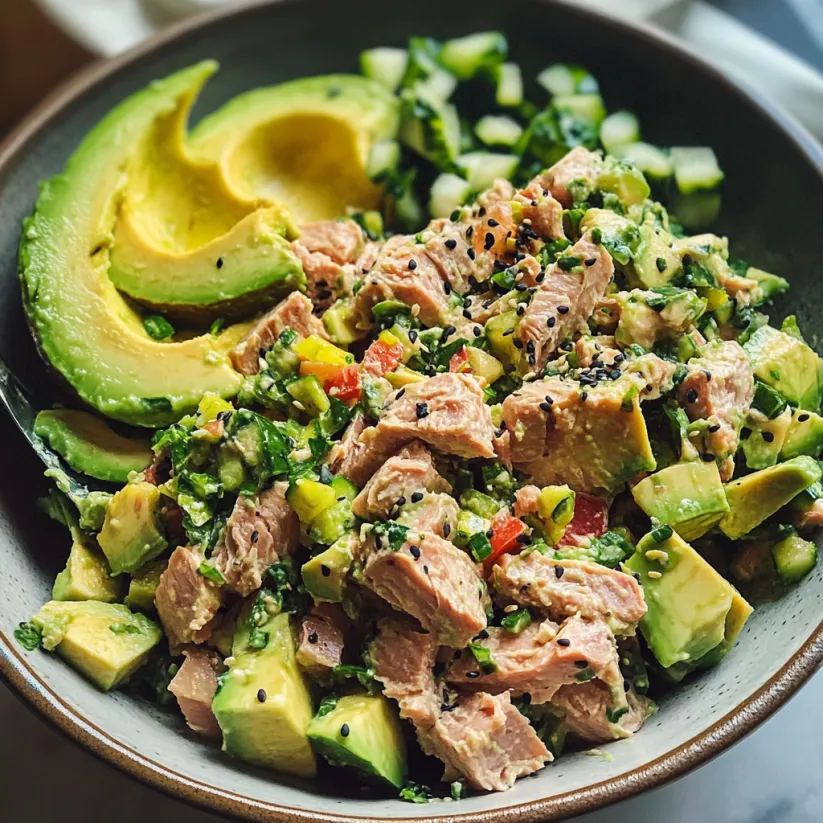 A bowl of tuna salad with avocado.
