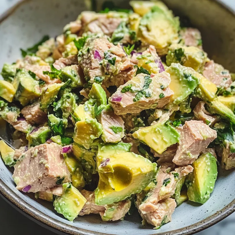 A bowl of tuna salad with avocado.