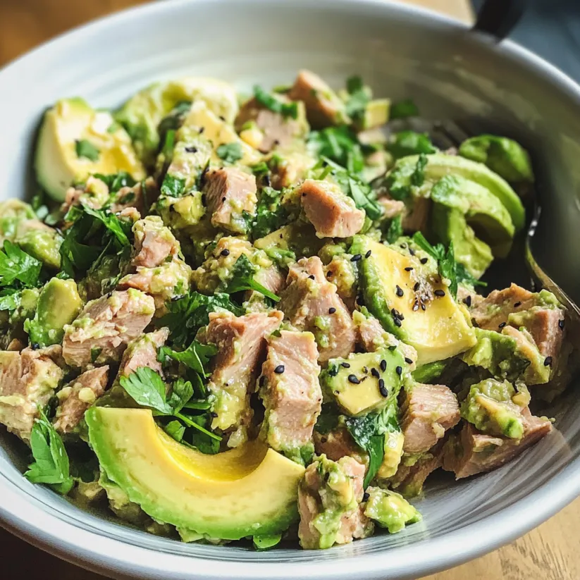 A bowl of tuna salad with avocado.