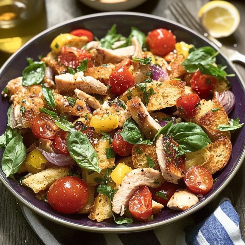 A bowl of chicken panzanella with tomatoes, spinach, and bread.