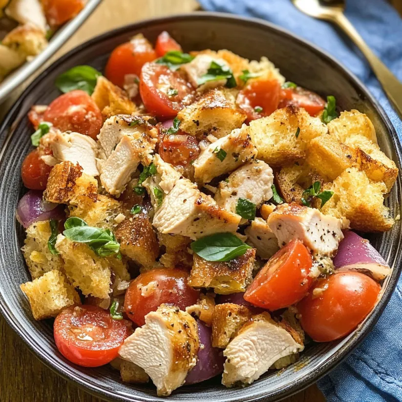 A bowl of chicken panzanella with tomatoes, bread, and herbs.