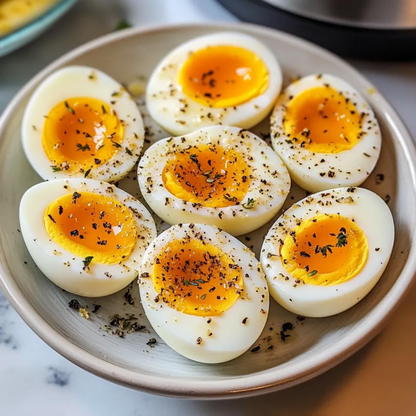 A bowl of boiled eggs with seasoning.