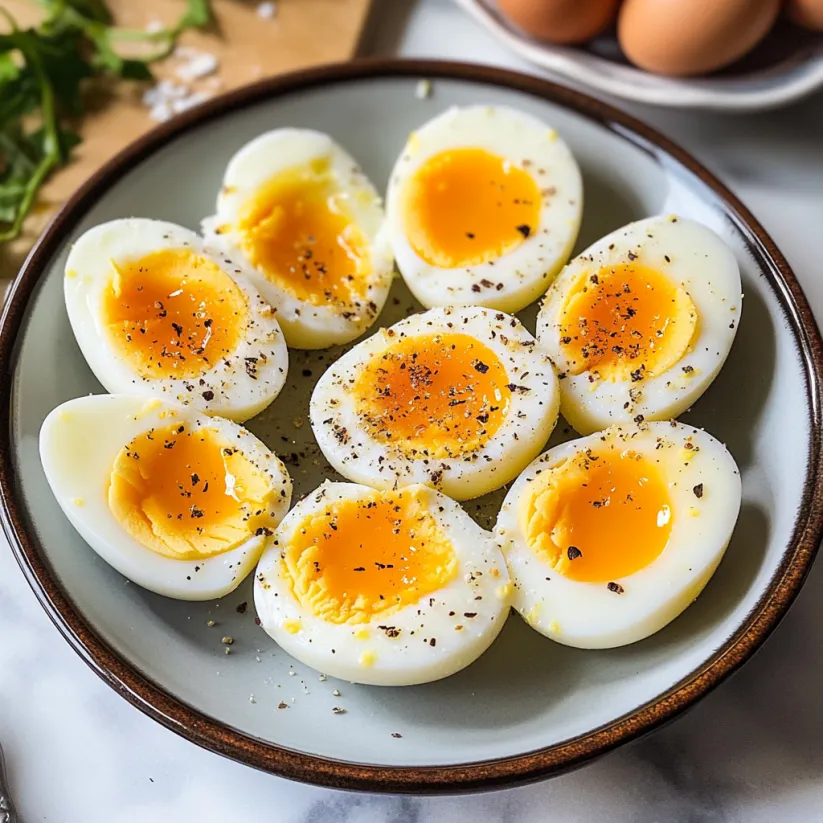 A plate of boiled eggs with seasoning.