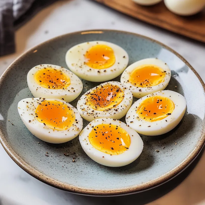 A plate of boiled eggs with pepper on top.