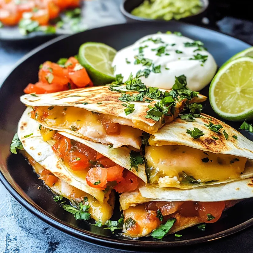 A plate of food with salmon quesadillas and sour cream.