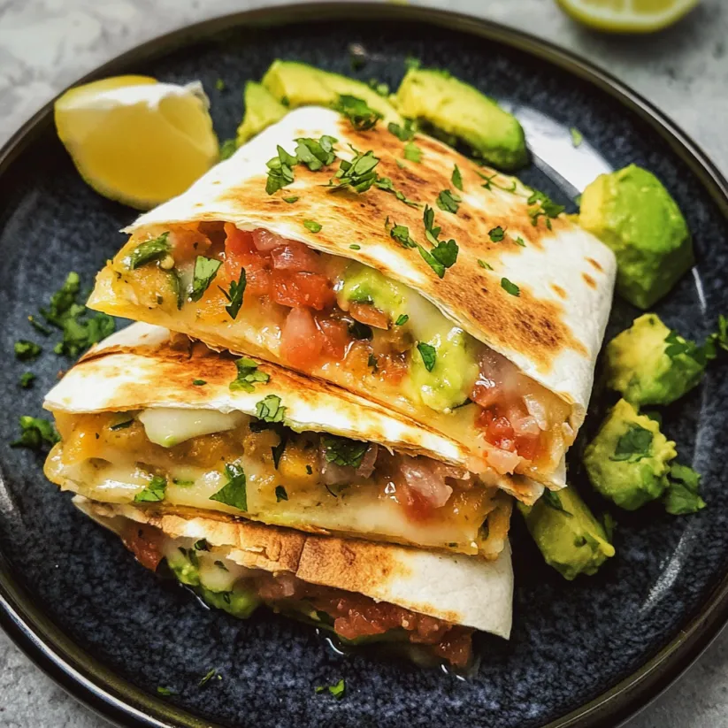A plate of salmon quesadillas with a slice of lemon on top.