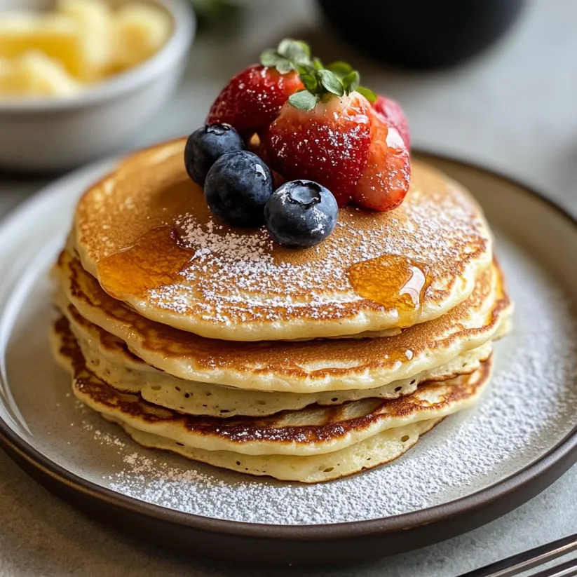 A stack of pancakes with blueberries and strawberries on top.