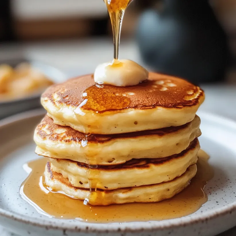 A stack of pancakes with cottage cheese drizzled on top.