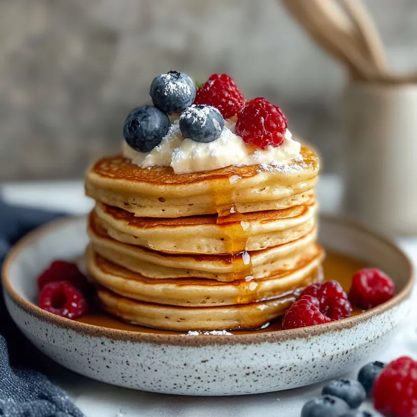 A stack of pancakes with blueberries and whipped cream.