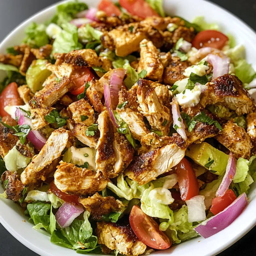 A bowl of chicken salad with tomatoes, lettuce, and onions.