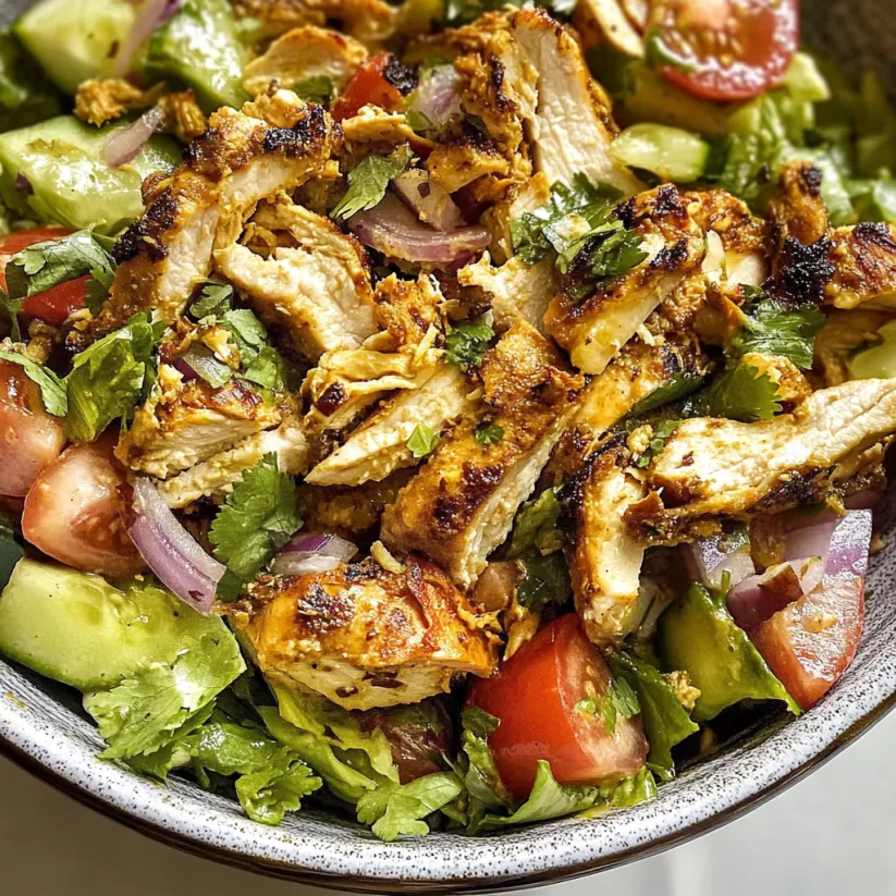 A bowl of chicken salad with tomatoes, onions, and lettuce.