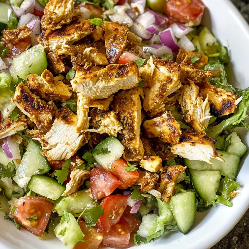 A bowl of chicken salad with tomatoes, cucumbers, onions, and lettuce.