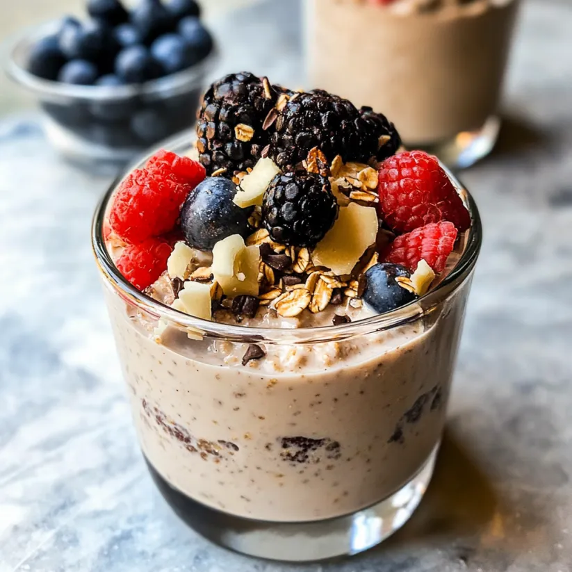 A glass of protein overnight oats with berries and nuts.