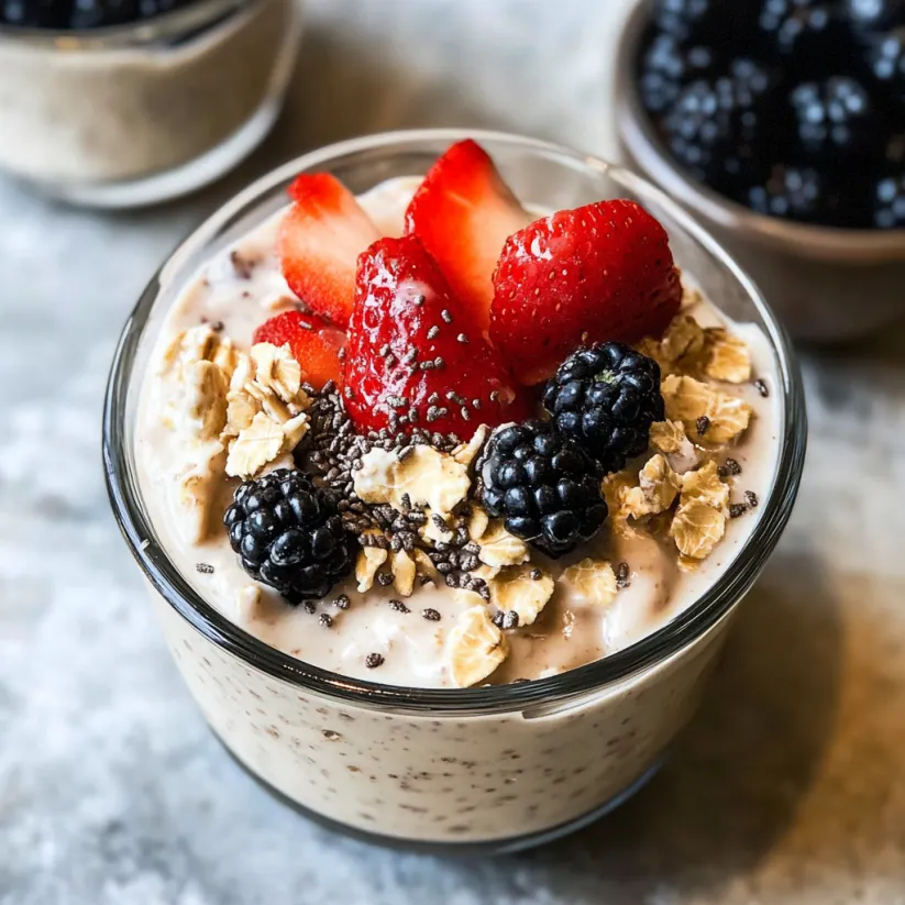 A bowl of protein overnight oats with strawberries and blackberries.