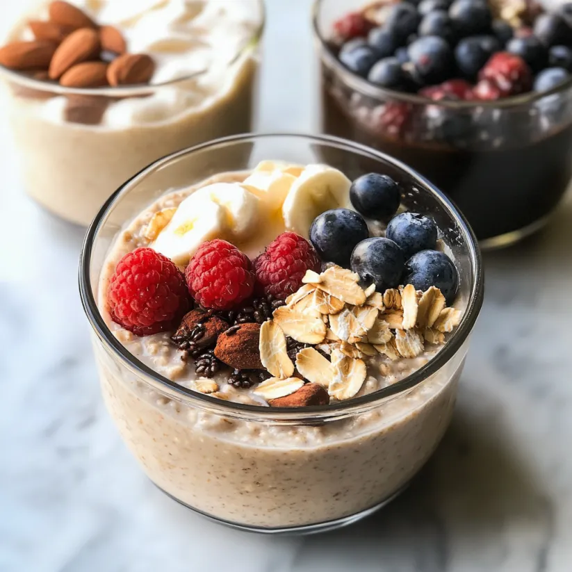 A glass of oatmeal with bananas and berries.