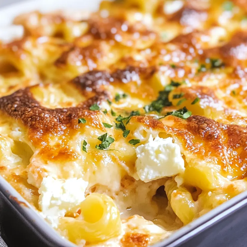 A baked dish with feta cheese and pasta.