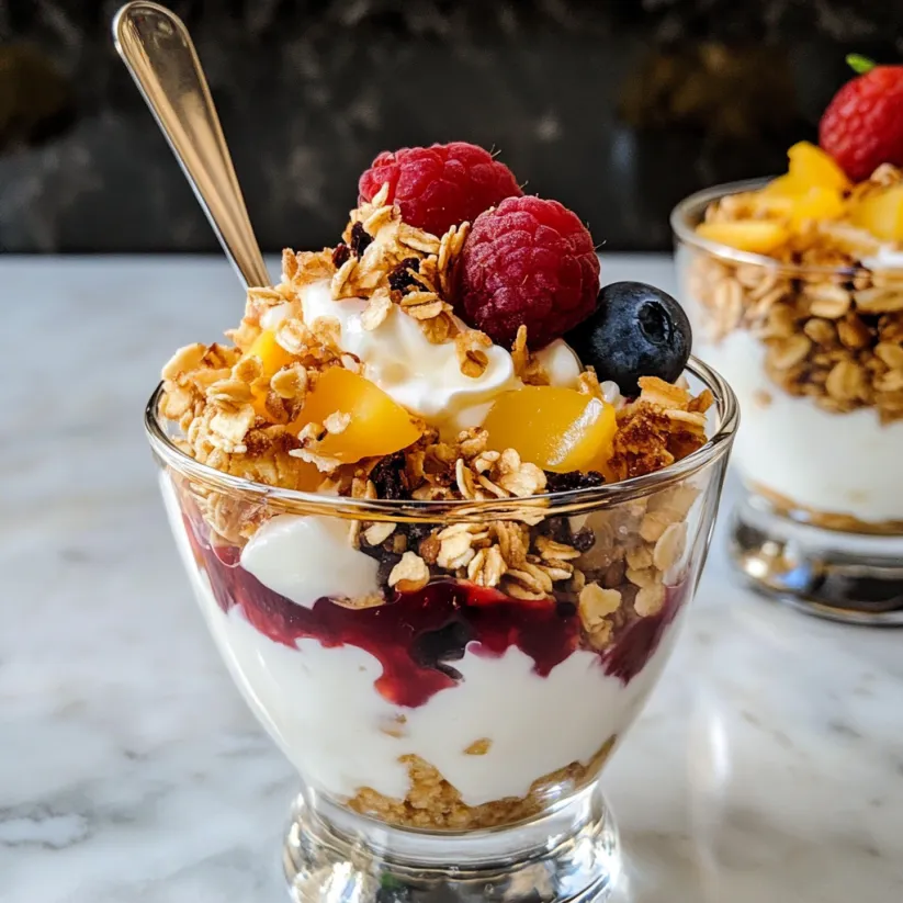 A glass of yogurt parfait with granola and berries.